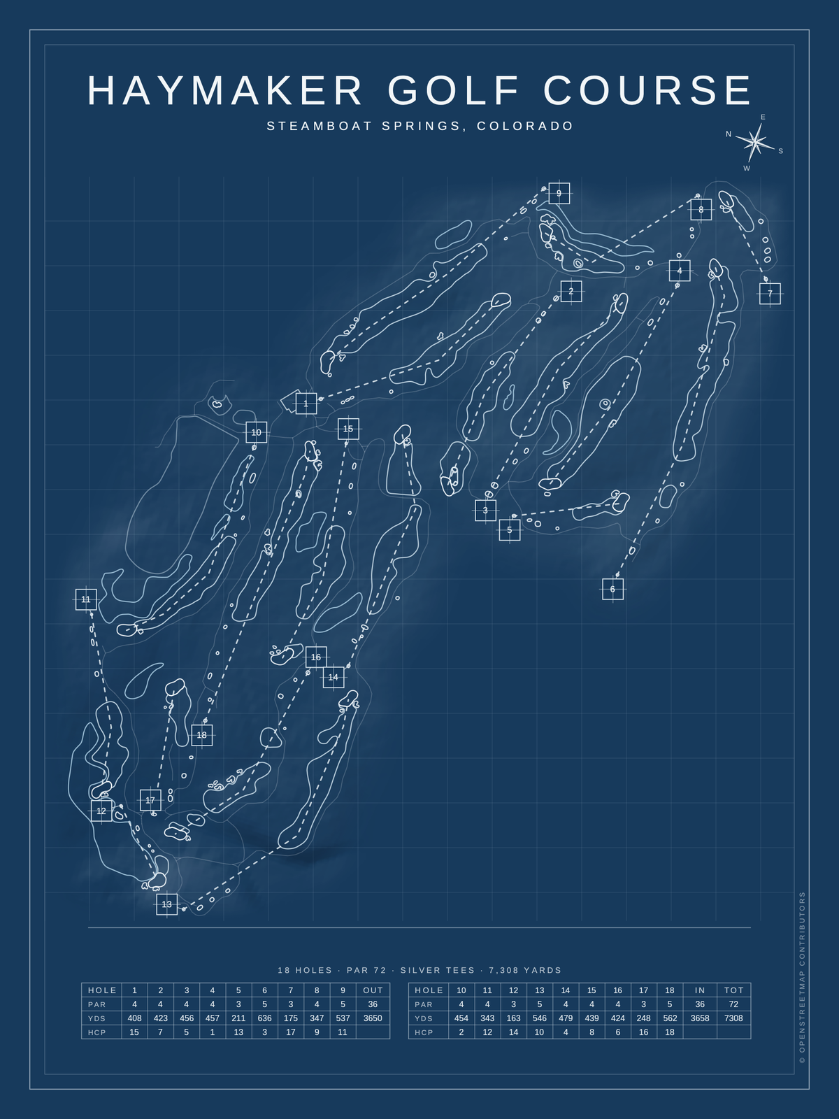 Haymaker Golf Course map poster, Blueprint style, 12×16 / 18×24