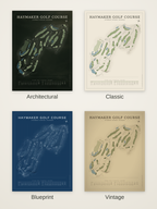 Haymaker Golf Course map poster in four styles: Architectural, Classic, Blueprint and Vintage