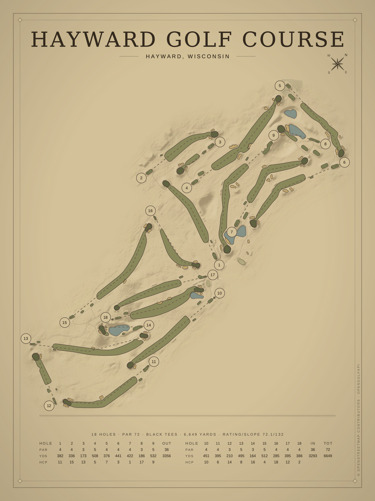 Hayward Golf Course map poster, Vintage style, 12×16 / 18×24