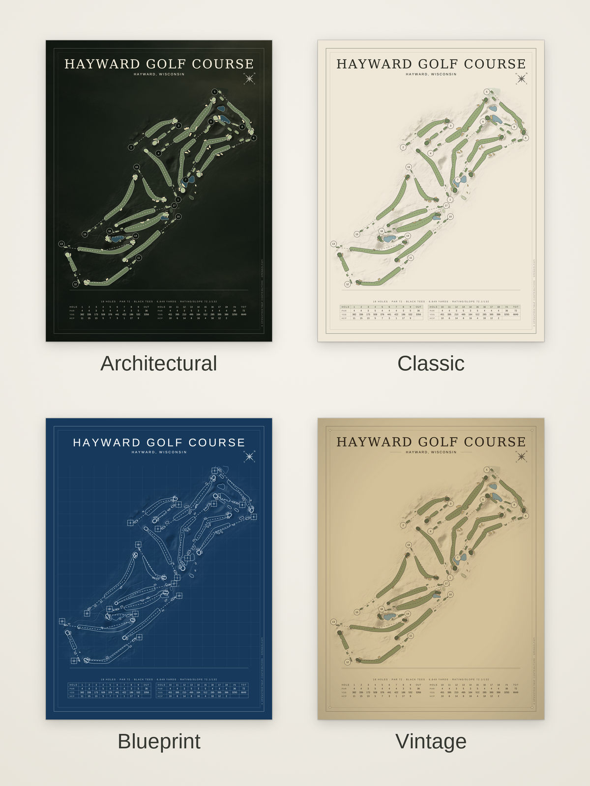 Hayward Golf Course map poster in four styles: Architectural, Classic, Blueprint and Vintage
