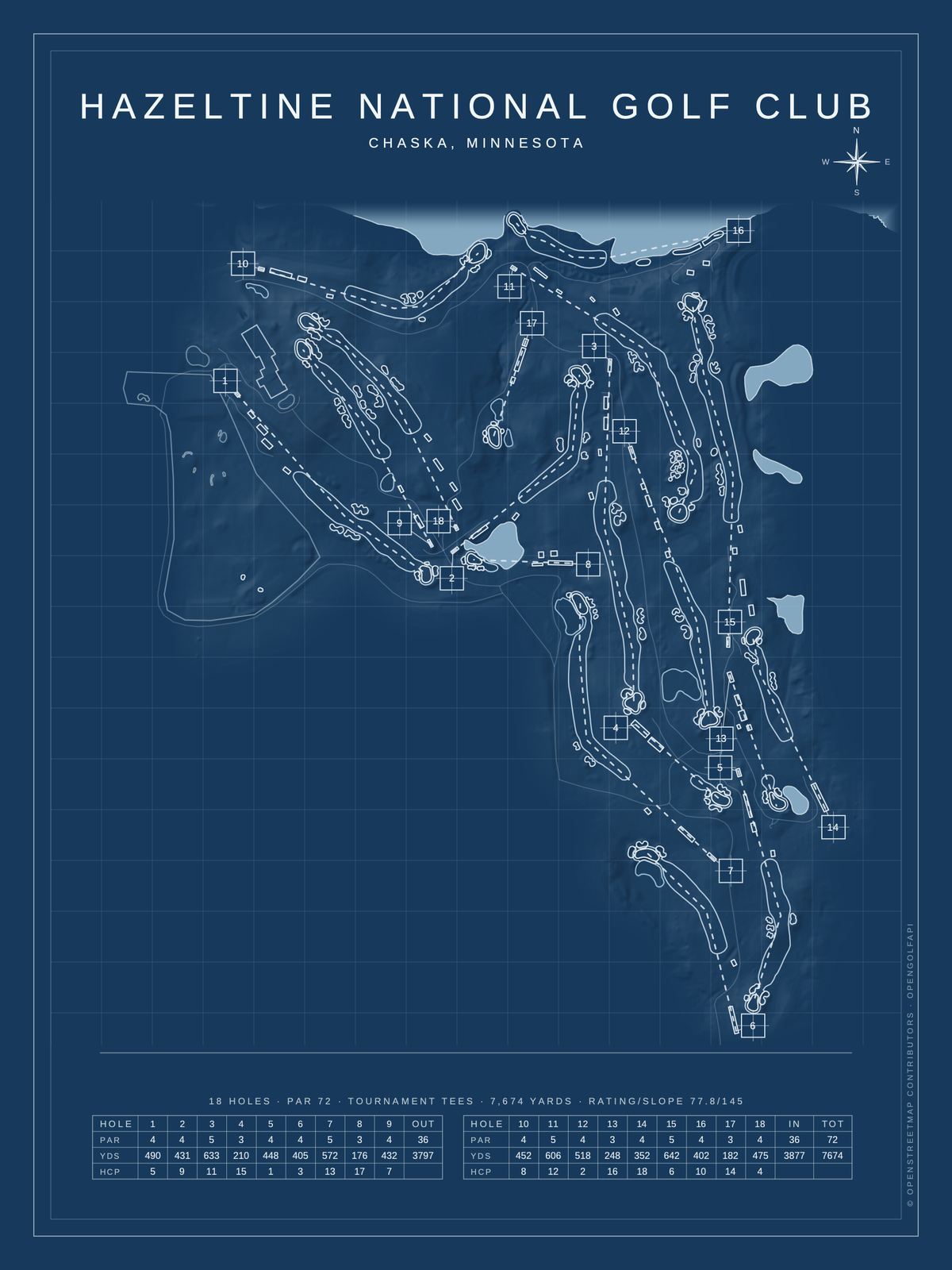 Hazeltine National Golf Club course map poster, Blueprint style, 12×16 / 18×24