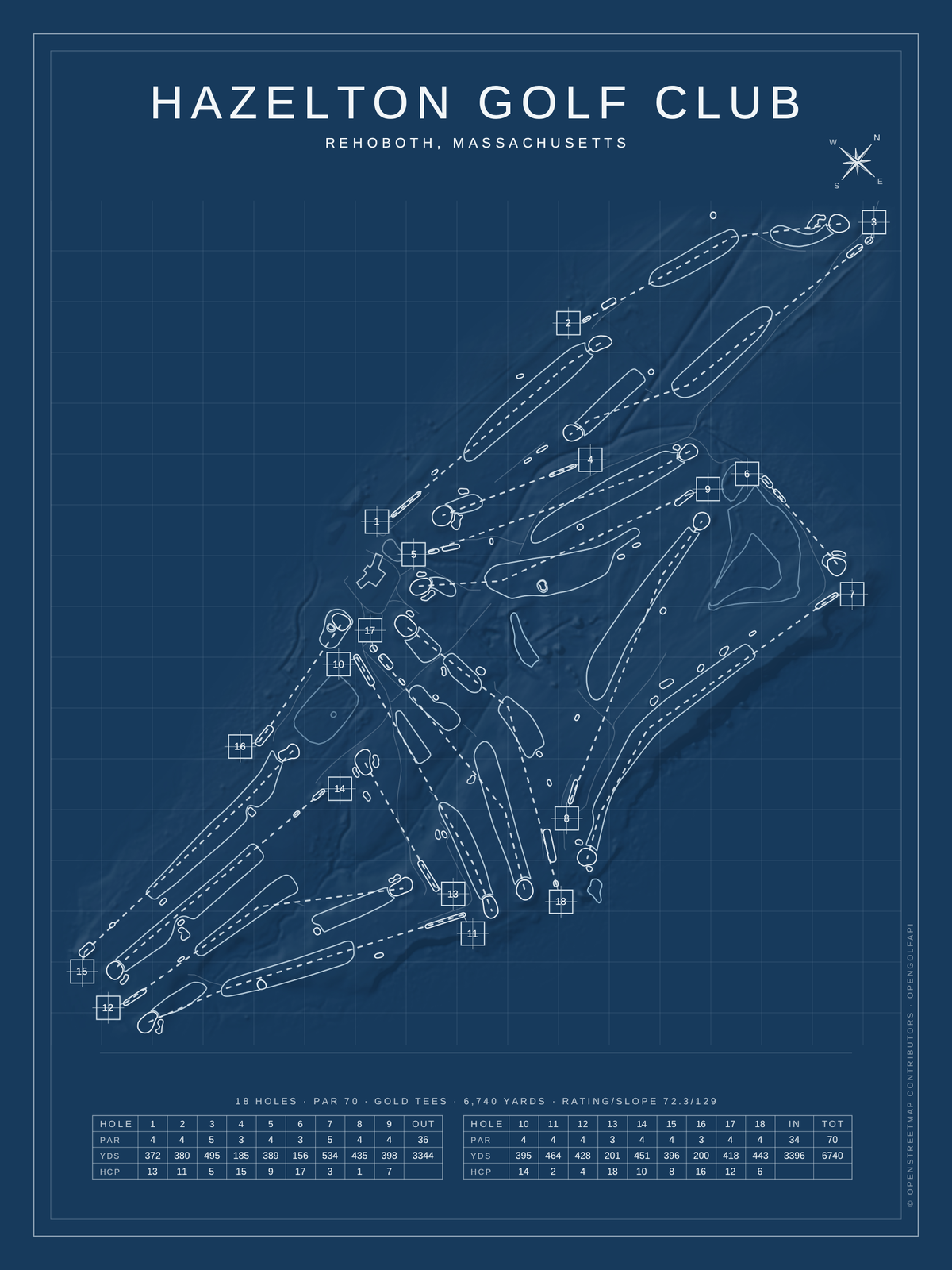 Hazelton Golf Club course map poster, Blueprint style, 12×16 / 18×24