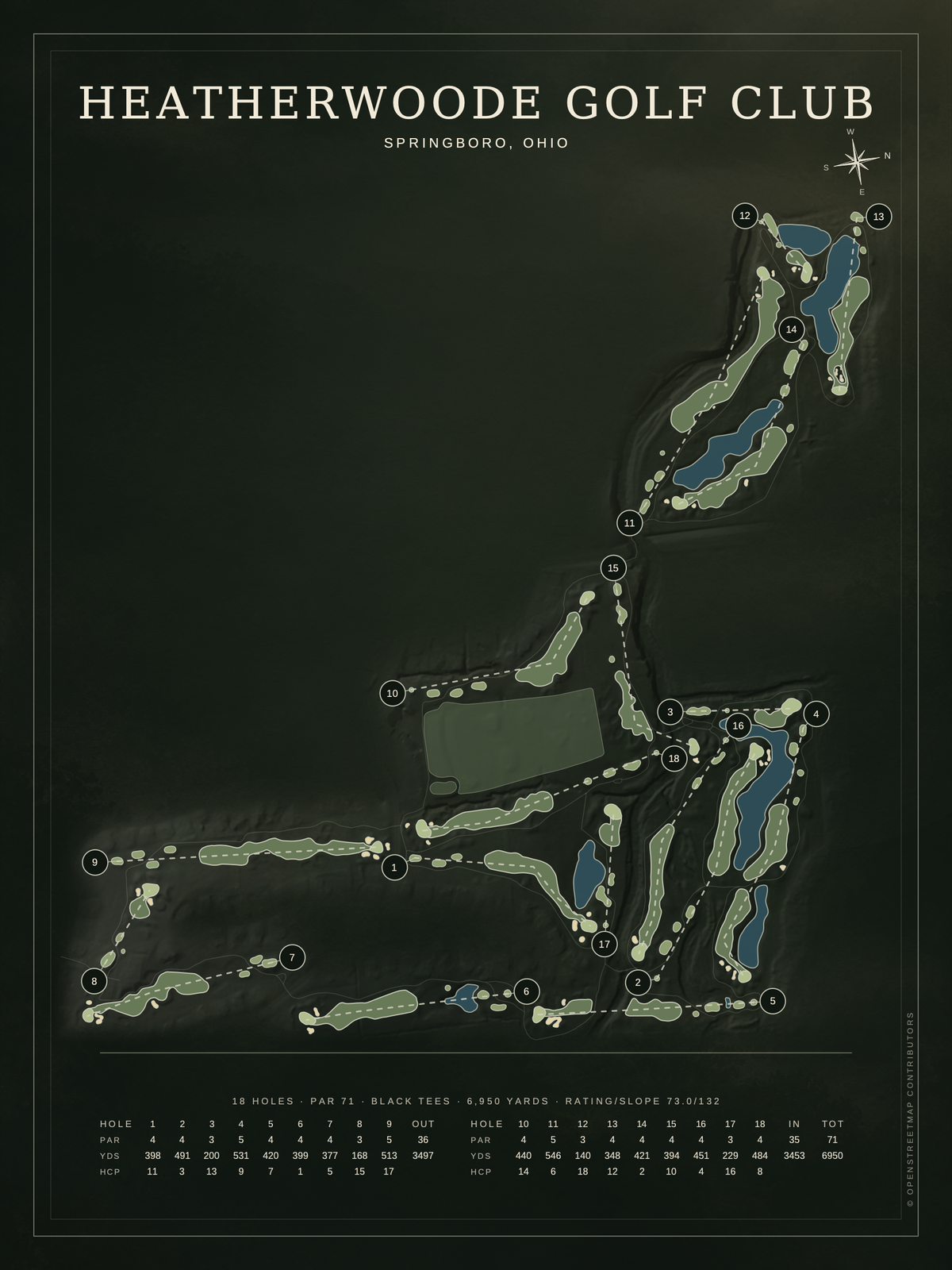 Heatherwoode Golf Club course map poster, Architectural style, 12×16 / 18×24