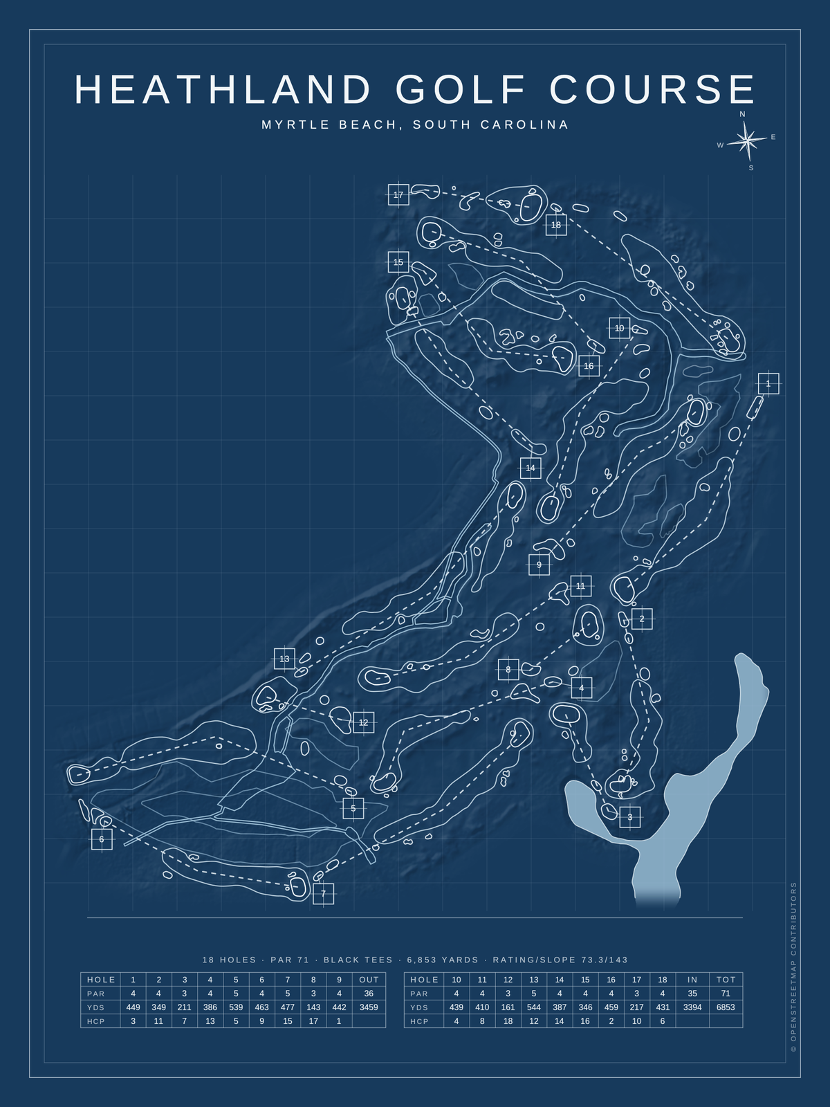 Heathland Golf Course map poster, Blueprint style, 12×16 / 18×24