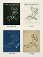 Heathland Golf Course map poster in four styles: Architectural, Classic, Blueprint and Vintage