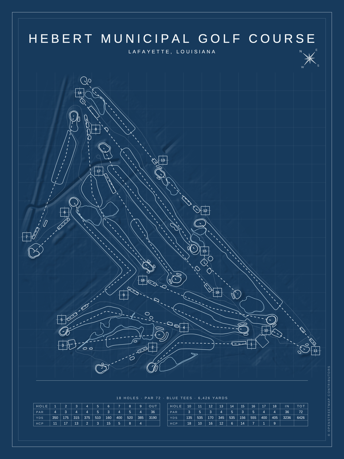 Hebert Municipal Golf Course map poster, Blueprint style, 12×16 / 18×24