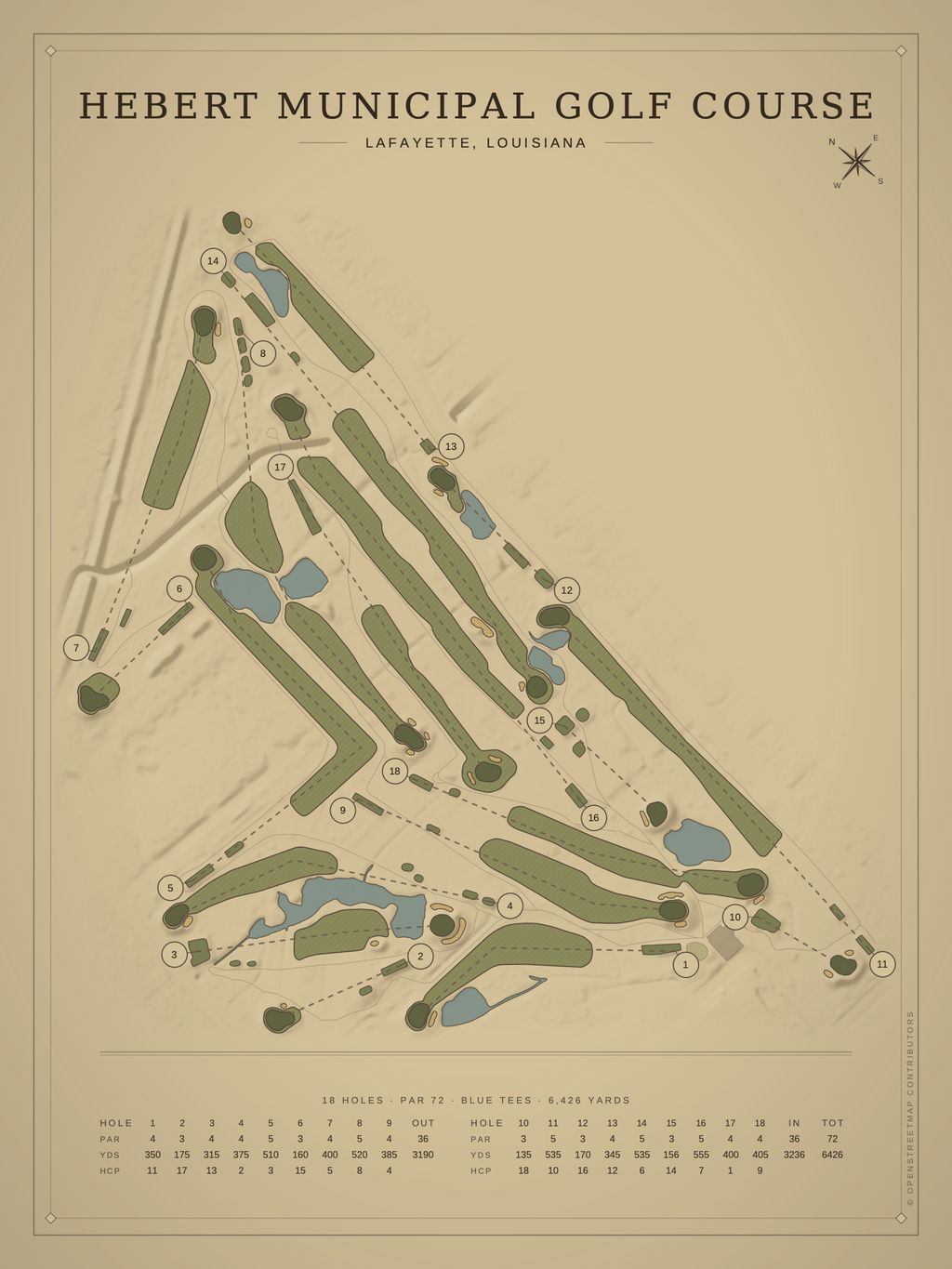 Hebert Municipal Golf Course map poster, Vintage style, 12×16 / 18×24