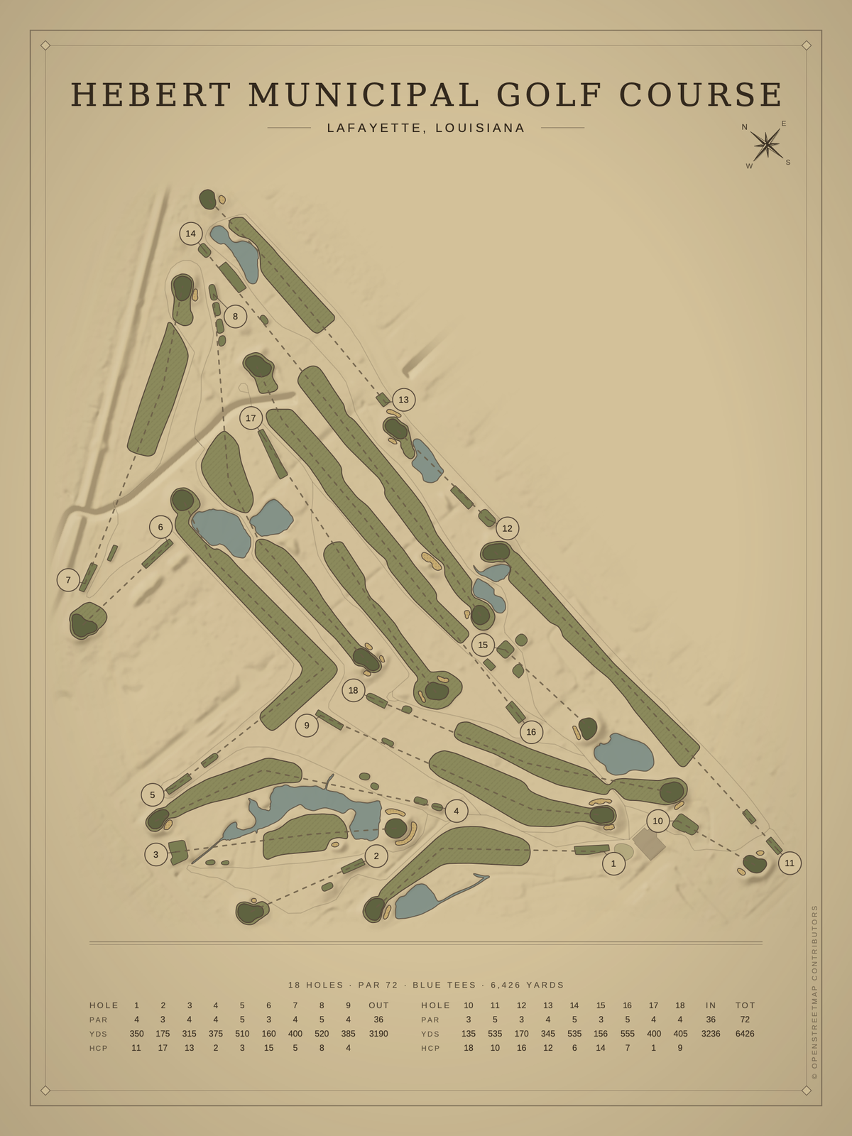 Hebert Municipal Golf Course map poster, Vintage style, 12×16 / 18×24