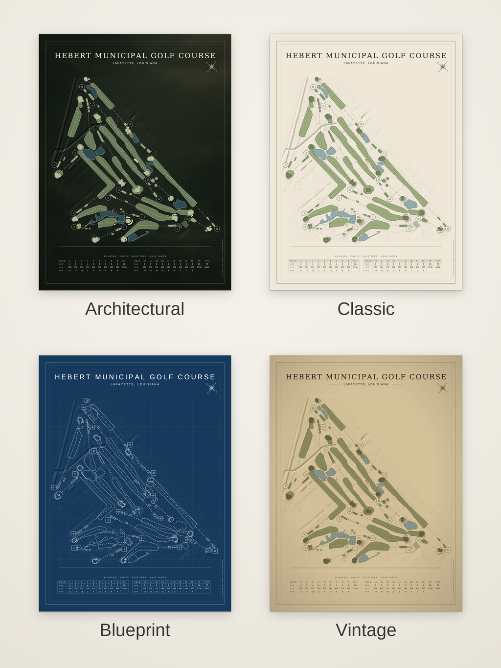 Hebert Municipal Golf Course map poster in four styles: Architectural, Classic, Blueprint and Vintage