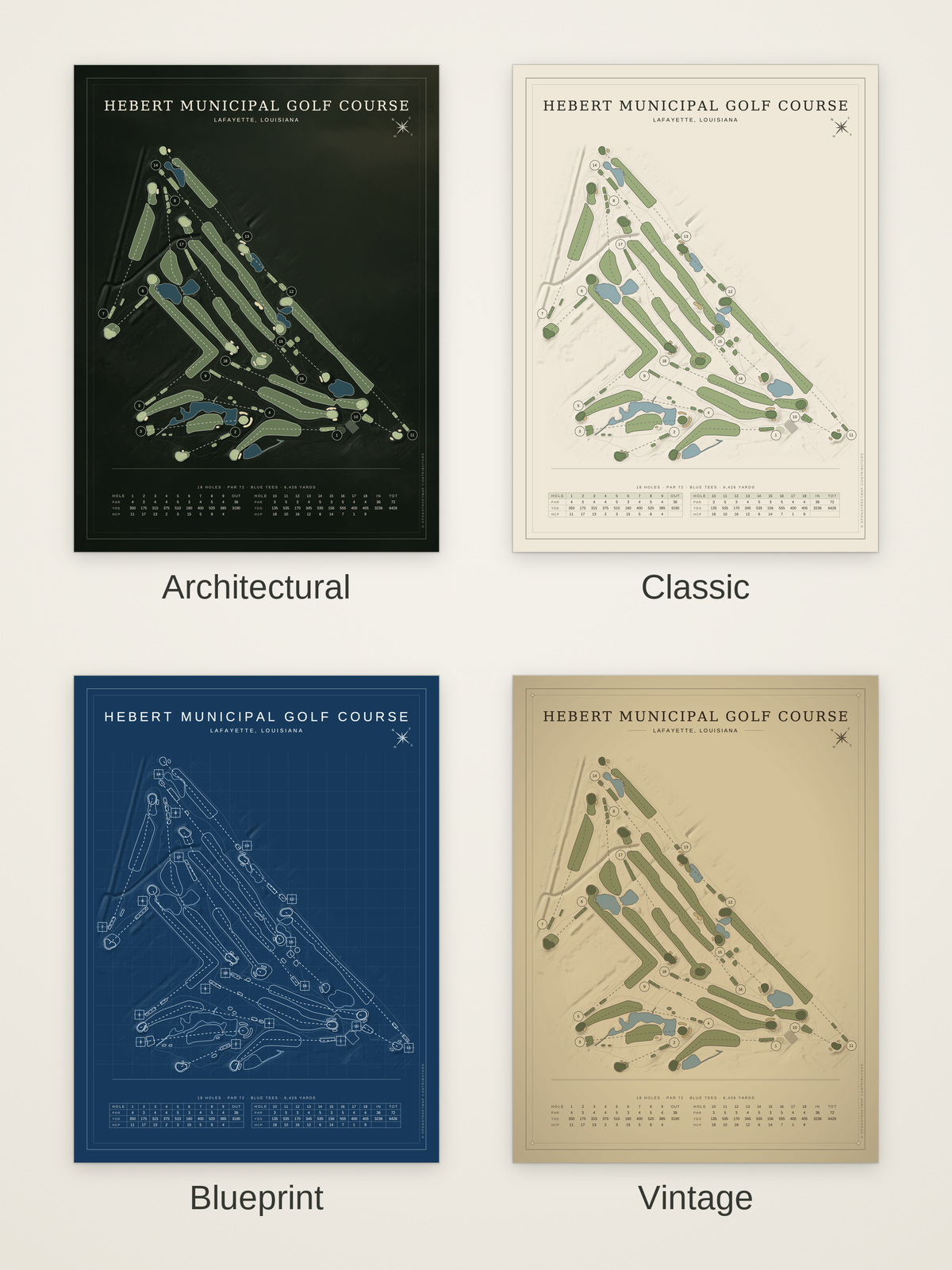 Hebert Municipal Golf Course map poster in four styles: Architectural, Classic, Blueprint and Vintage