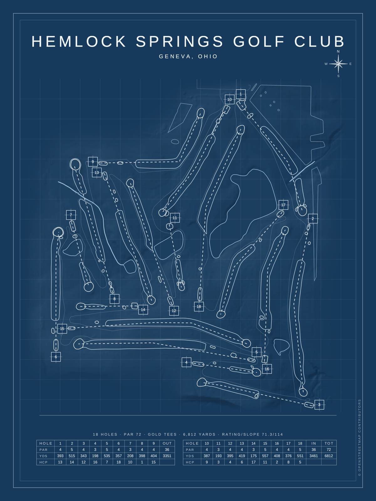 Hemlock Springs Golf Club course map poster, Blueprint style, 12×16 / 18×24