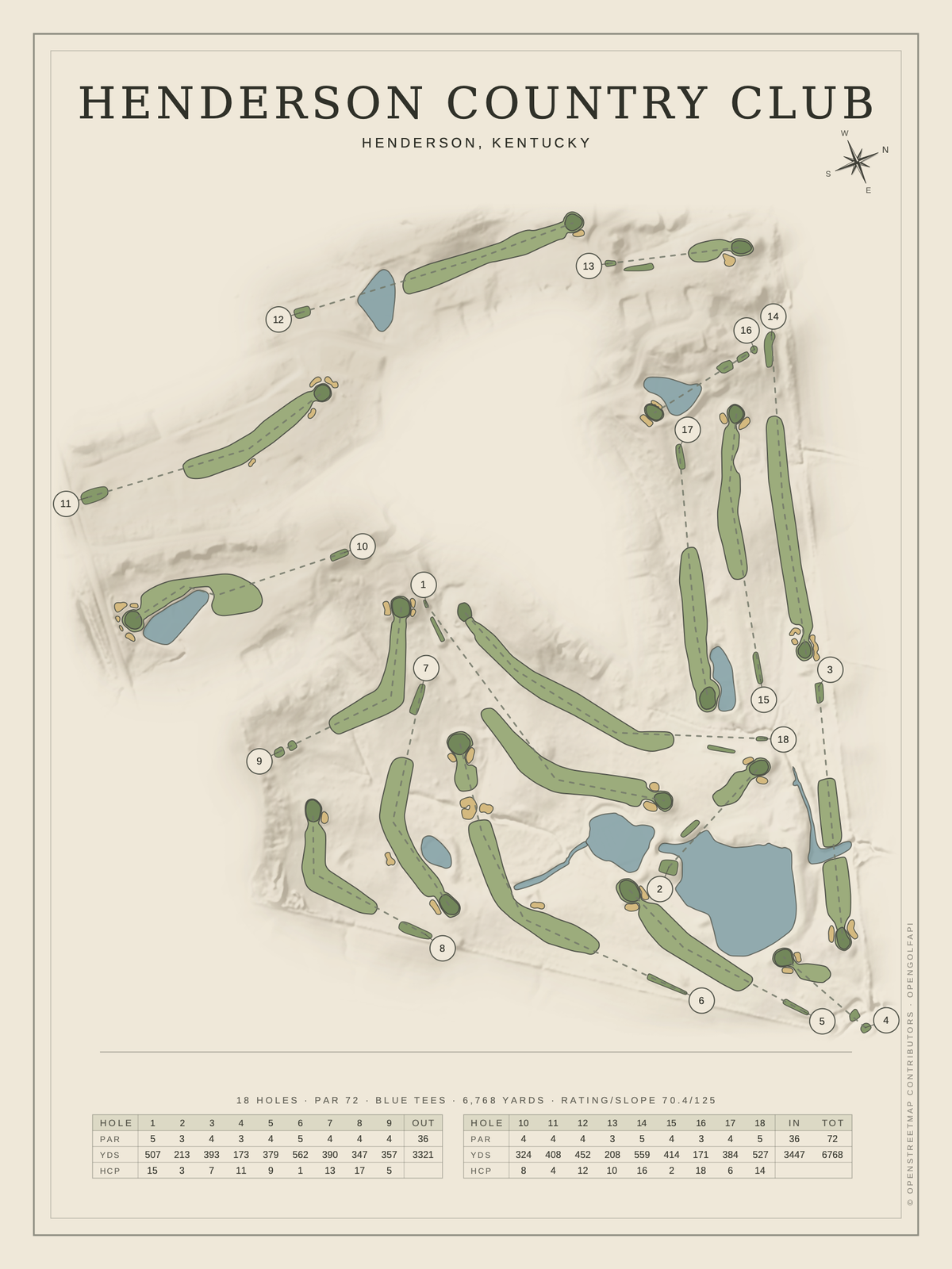 Henderson Country Club course map poster, Classic style, 12×16 / 18×24
