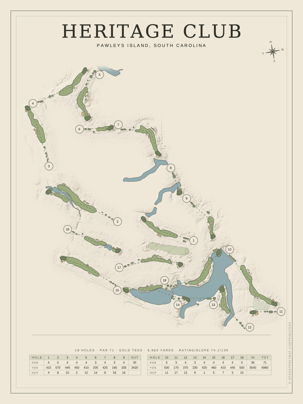 Heritage Club course map poster, Classic style, 12×16 / 18×24