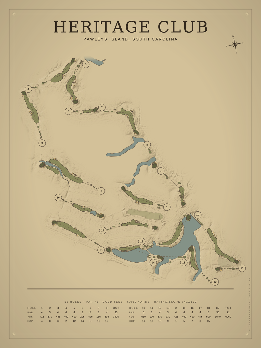 Heritage Club course map poster, Vintage style, 12×16 / 18×24