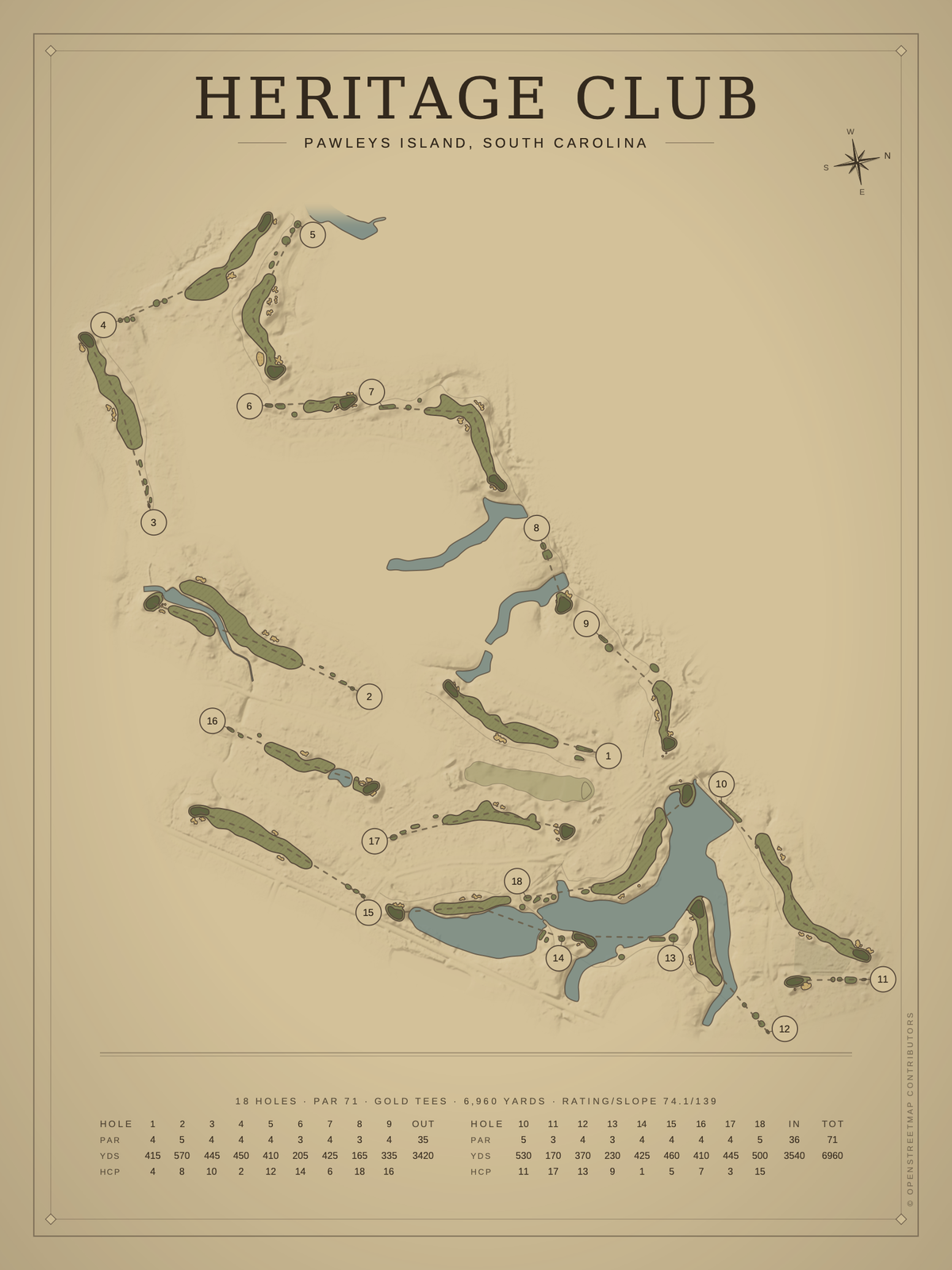 Heritage Club course map poster, Vintage style, 12×16 / 18×24