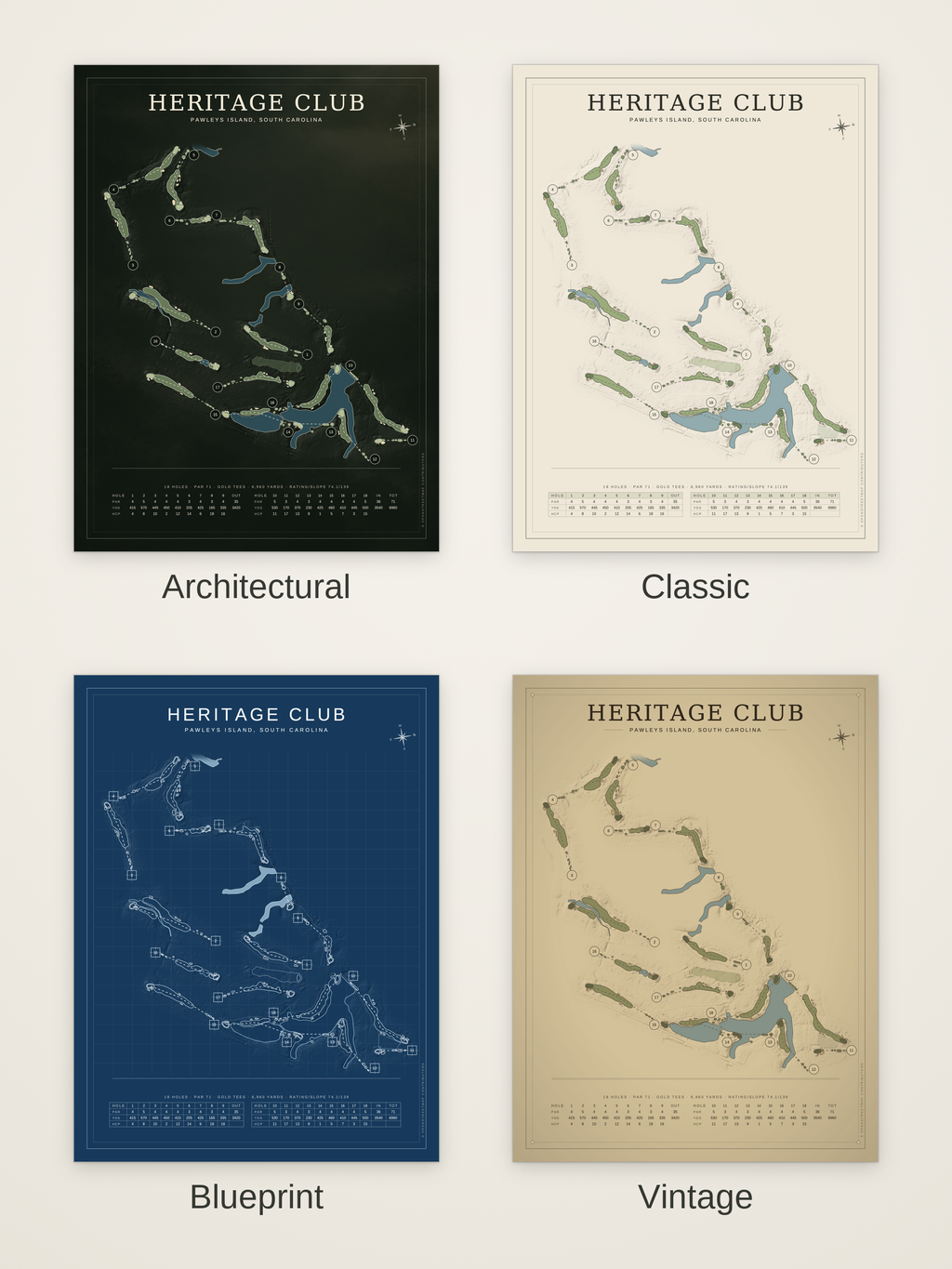 Heritage Club course map poster in four styles: Architectural, Classic, Blueprint and Vintage