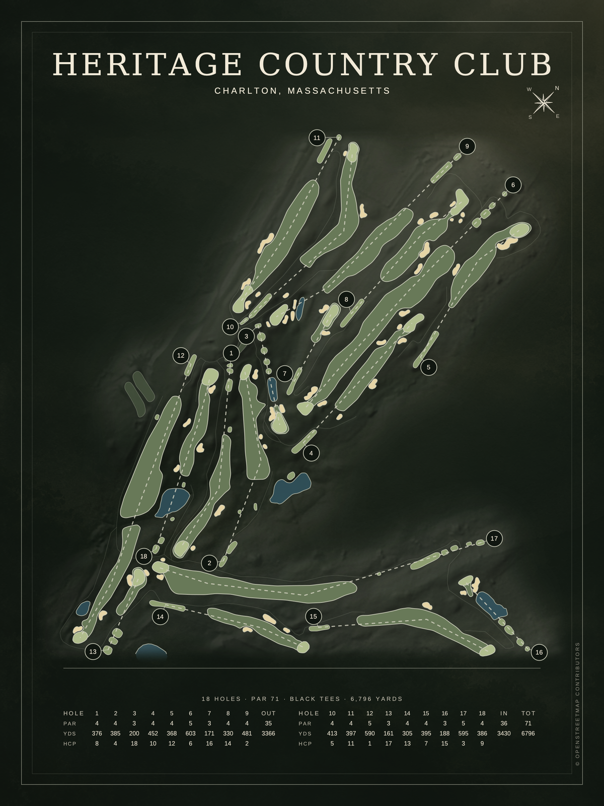 Heritage Country Club course map poster, Architectural style, 12×16 / 18×24