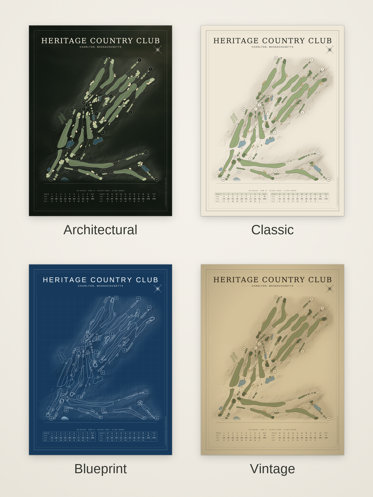 Heritage Country Club course map poster in four styles: Architectural, Classic, Blueprint and Vintage