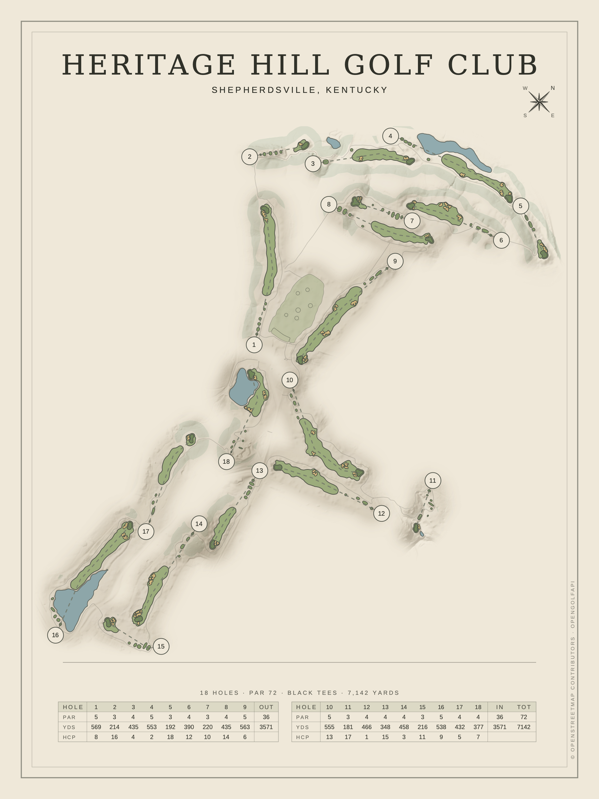 Heritage Hill Golf Club course map poster, Classic style, 12×16 / 18×24