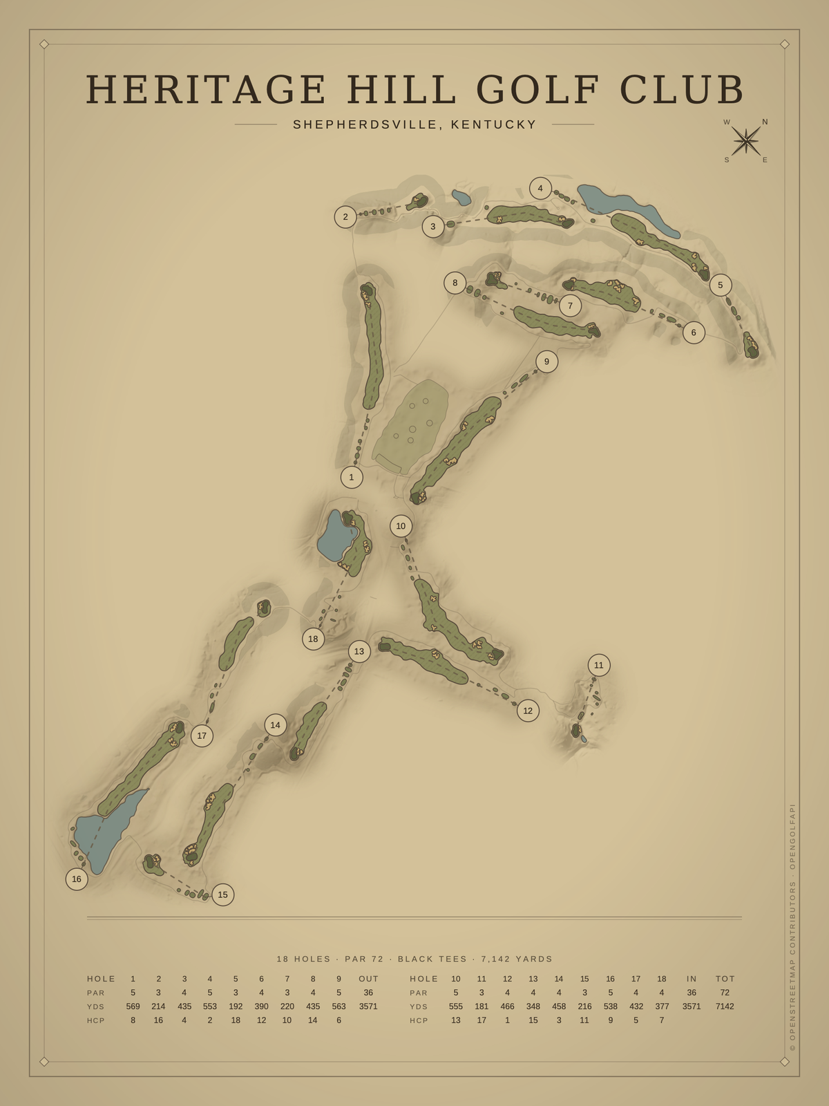 Heritage Hill Golf Club course map poster, Vintage style, 12×16 / 18×24