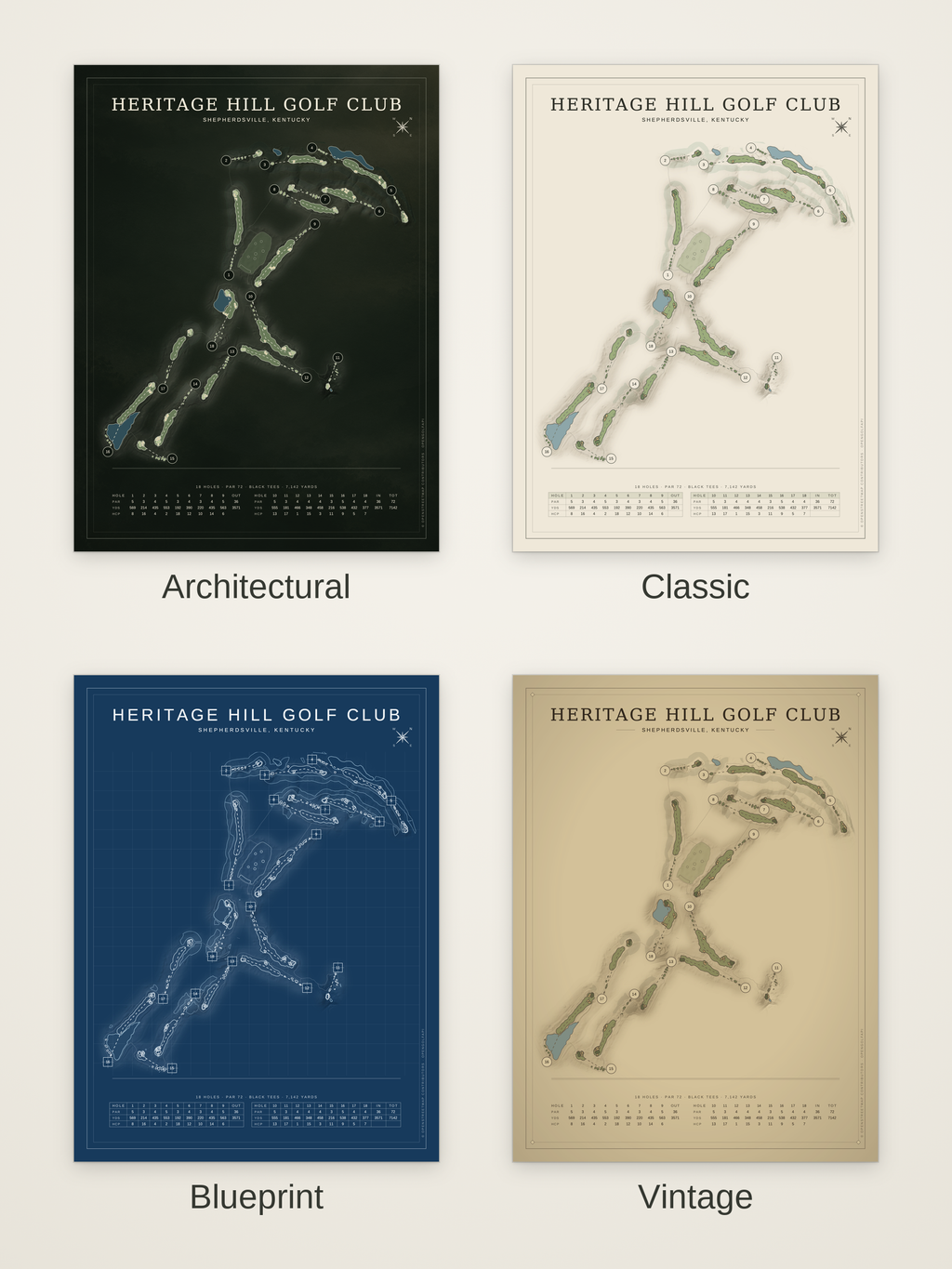 Heritage Hill Golf Club course map poster in four styles: Architectural, Classic, Blueprint and Vintage