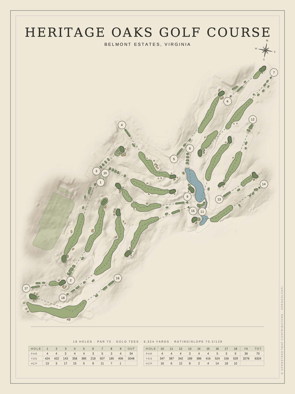 Heritage Oaks Golf Course map poster, Classic style, 12×16 / 18×24
