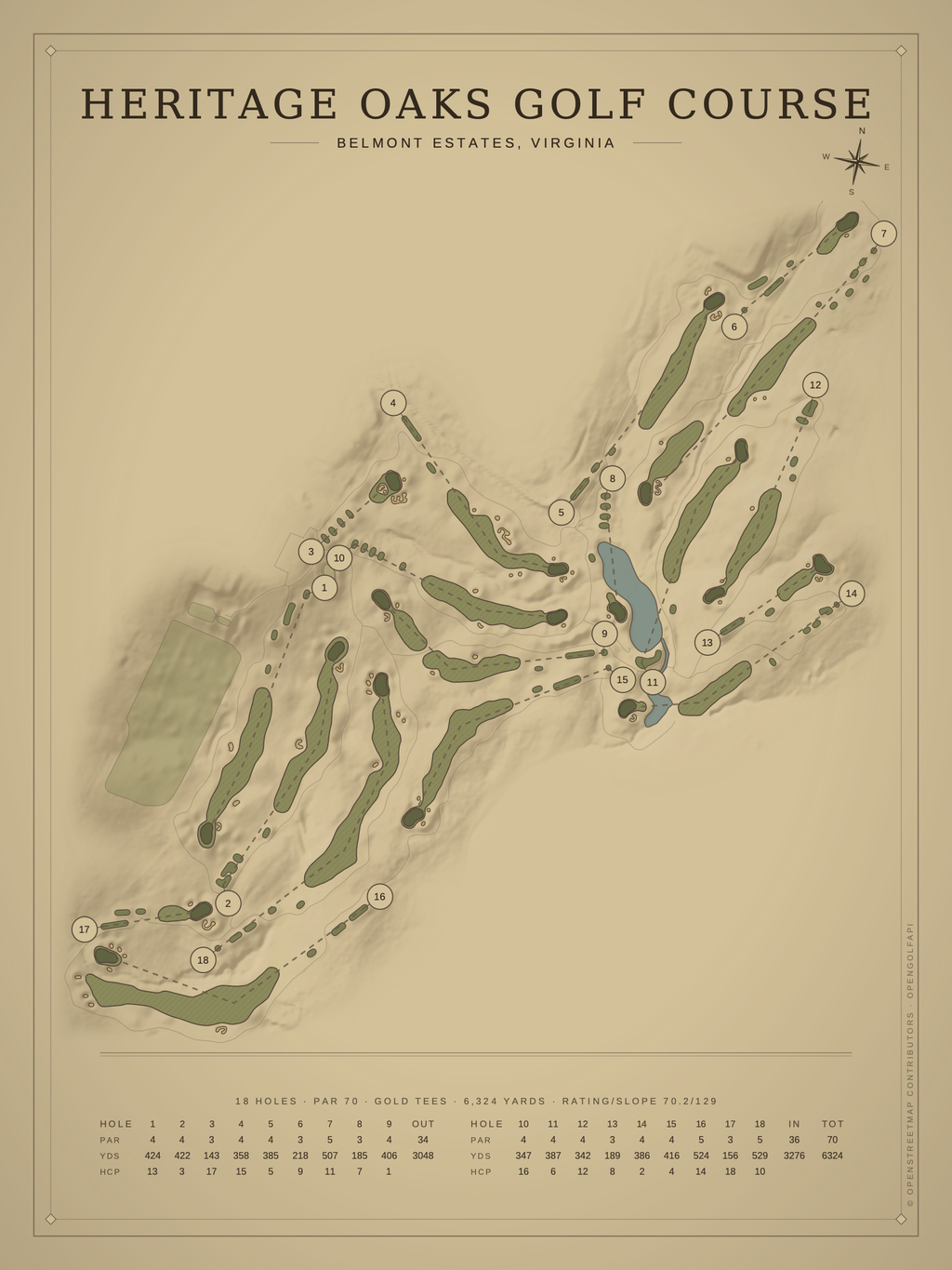Heritage Oaks Golf Course map poster, Vintage style, 12×16 / 18×24