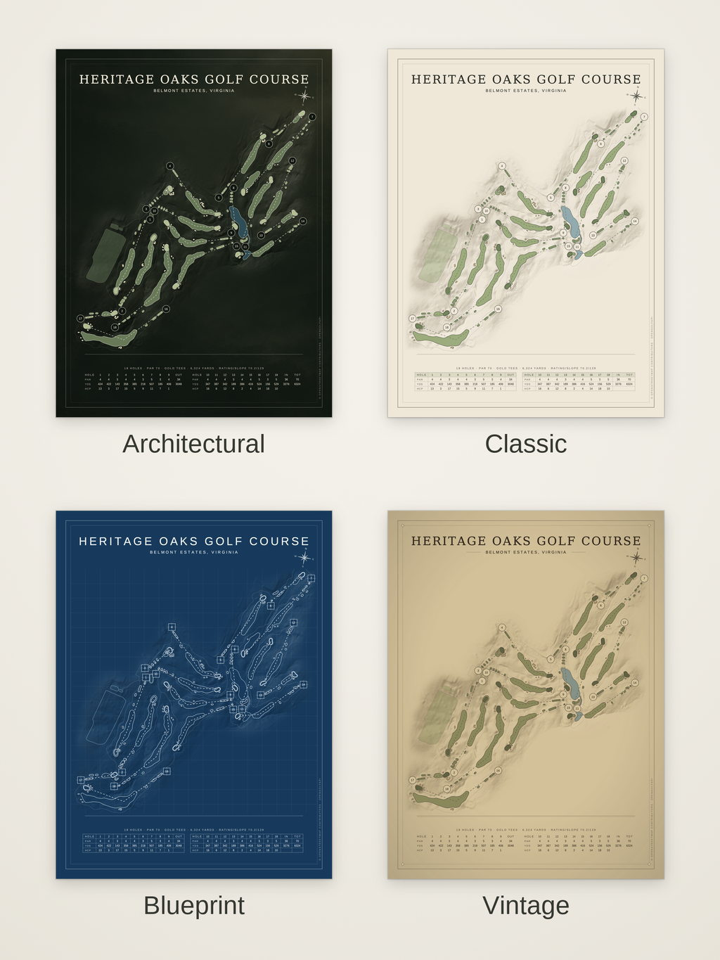 Heritage Oaks Golf Course map poster in four styles: Architectural, Classic, Blueprint and Vintage