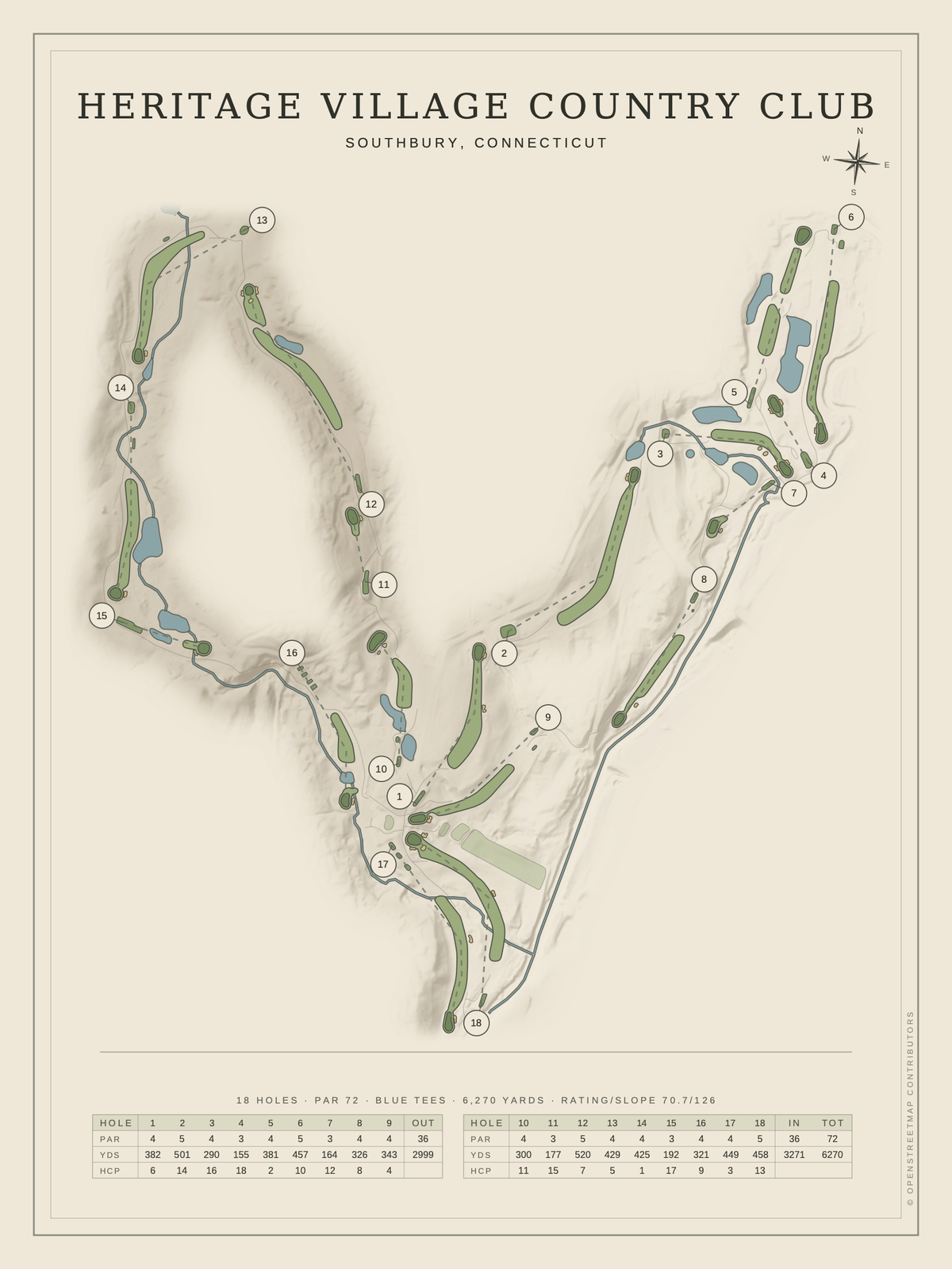 Heritage Village Country Club course map poster, Classic style, 12×16 / 18×24