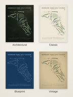 Hermann Park Golf Course map poster in four styles: Architectural, Classic, Blueprint and Vintage