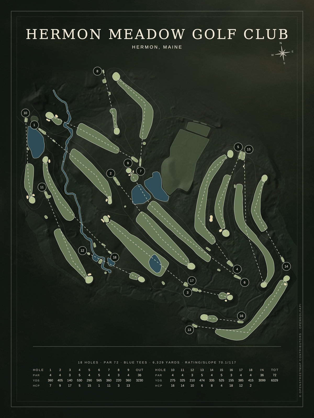 Hermon Meadow Golf Club course map poster, Architectural style, 12×16 / 18×24