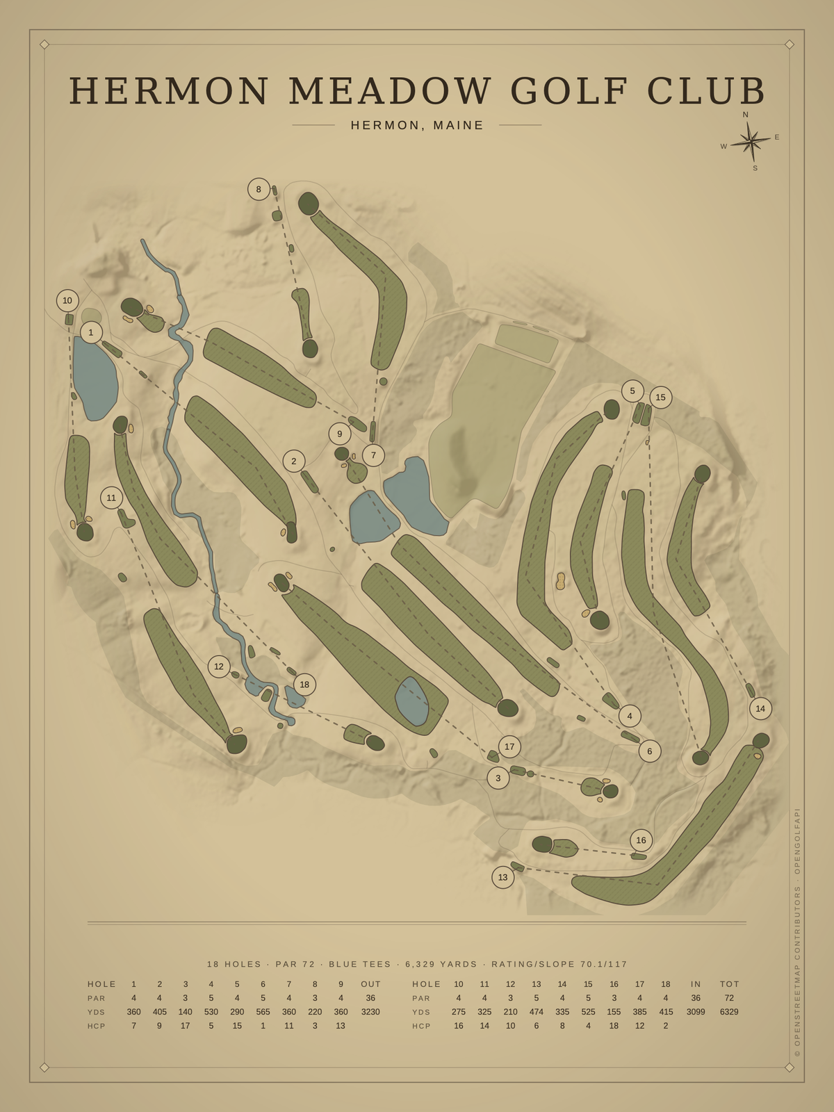 Hermon Meadow Golf Club course map poster, Vintage style, 12×16 / 18×24