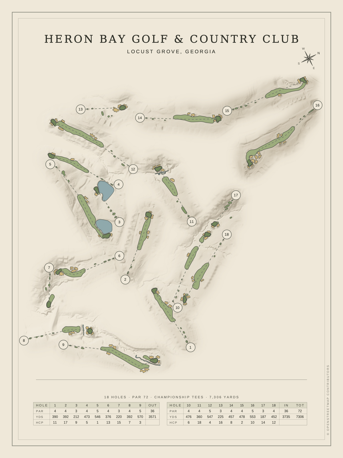 Heron Bay Golf & Country Club course map poster, Classic style, 12×16 / 18×24