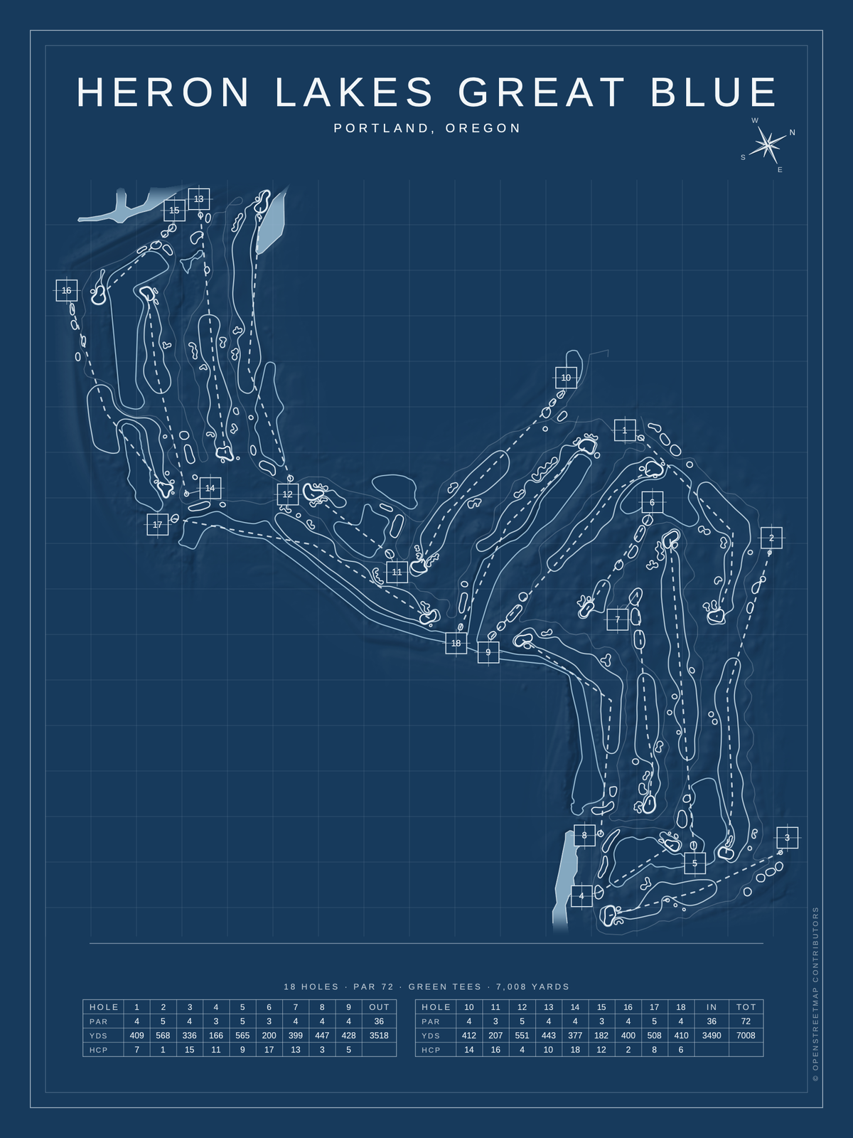 Heron Lakes Great Blue course map poster, Blueprint style, 12×16 / 18×24