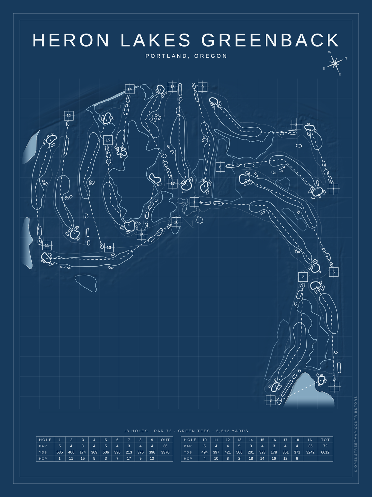 Heron Lakes Greenback course map poster, Blueprint style, 12×16 / 18×24