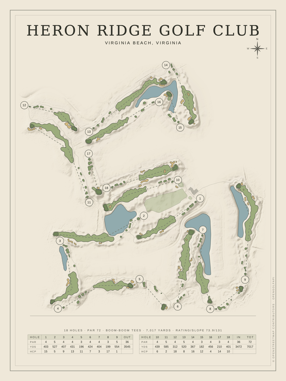 Heron Ridge Golf Club course map poster, Classic style, 12×16 / 18×24