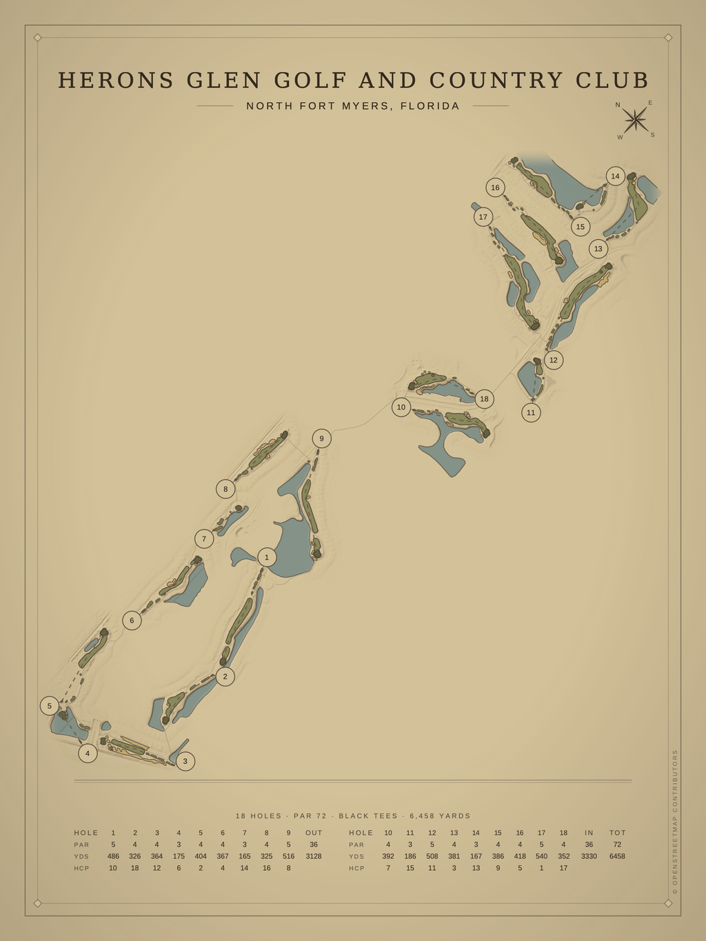 Herons Glen Golf and Country Club course map poster, Vintage style, 12×16 / 18×24