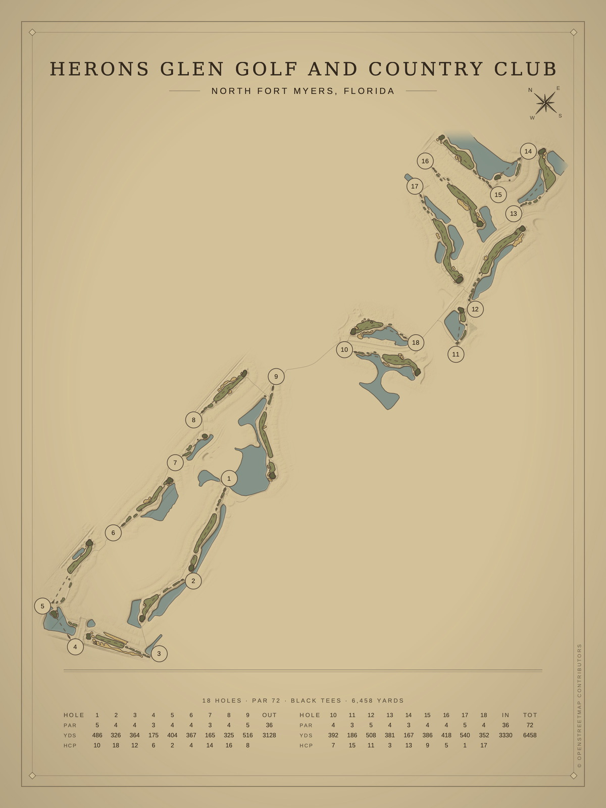 Herons Glen Golf and Country Club course map poster, Vintage style, 12×16 / 18×24