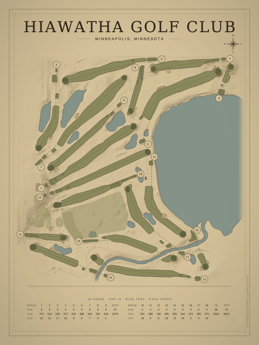 Hiawatha Golf Club course map poster, Vintage style, 12×16 / 18×24
