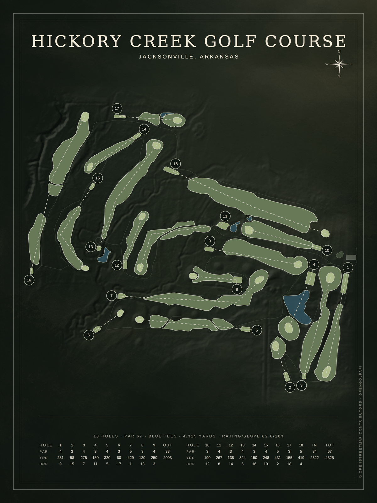 Hickory Creek Golf Course map poster, Architectural style, 12×16 / 18×24