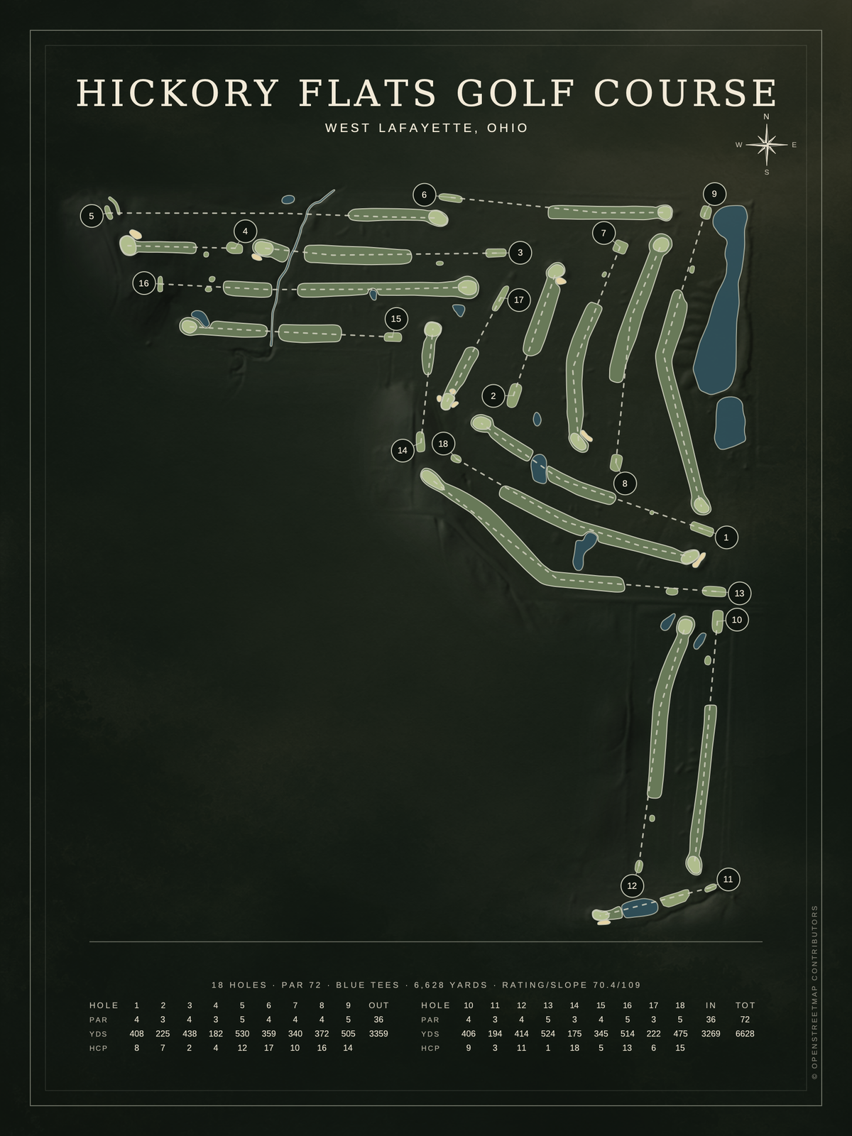 Hickory Flats Golf Course map poster, Architectural style, 12×16 / 18×24