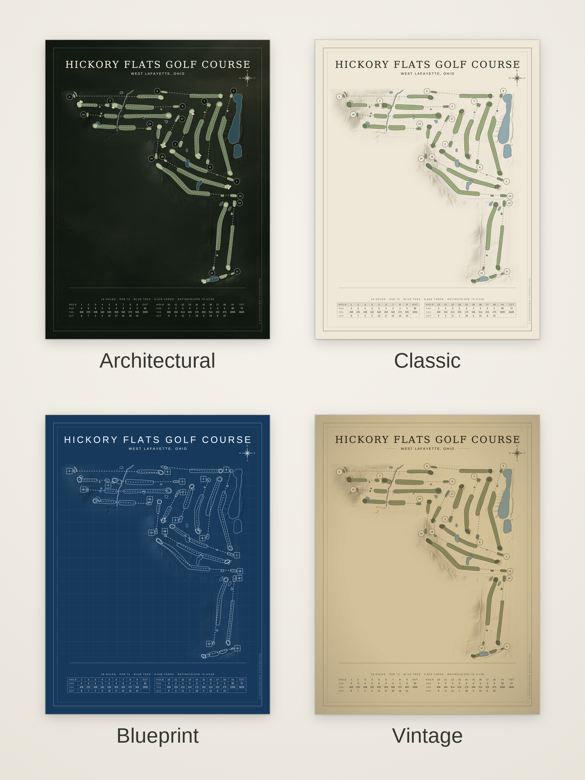 Hickory Flats Golf Course map poster in four styles: Architectural, Classic, Blueprint and Vintage