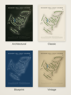 Hickory Hill Golf Course map poster in four styles: Architectural, Classic, Blueprint and Vintage