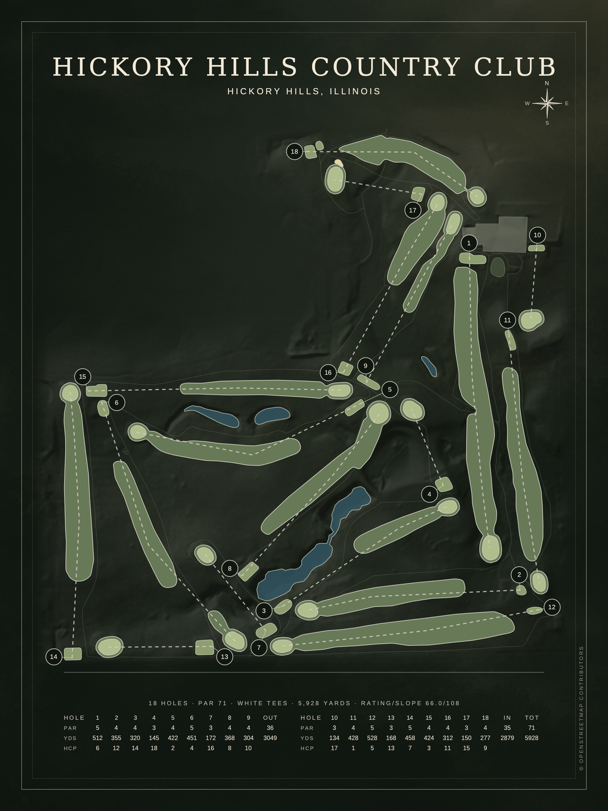 Hickory Hills Country CLub course map poster, Architectural style, 12×16 / 18×24