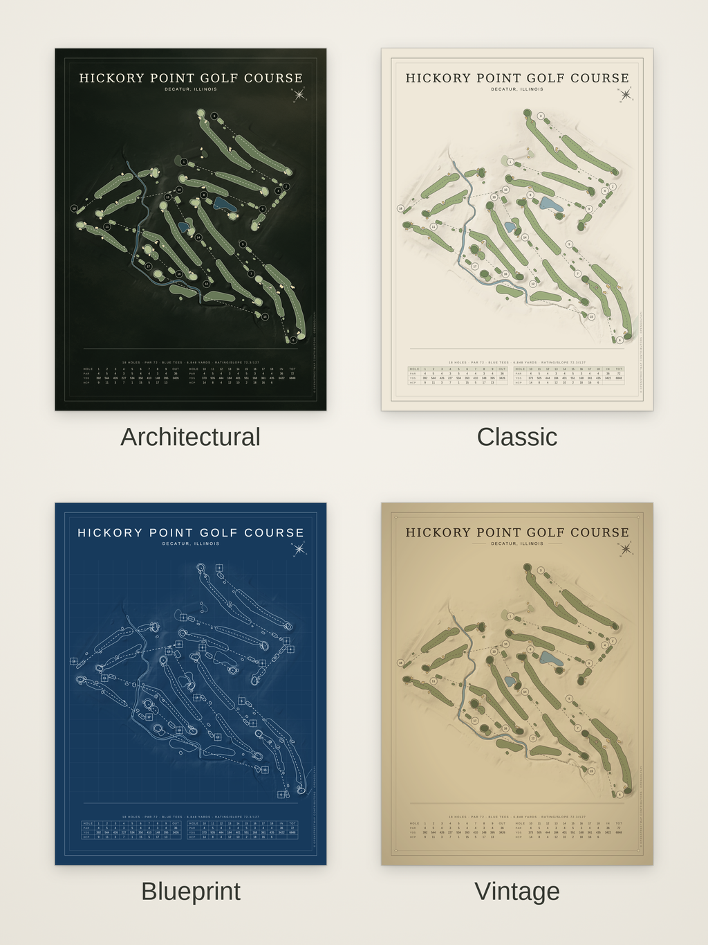 Hickory Point Golf Course map poster in four styles: Architectural, Classic, Blueprint and Vintage