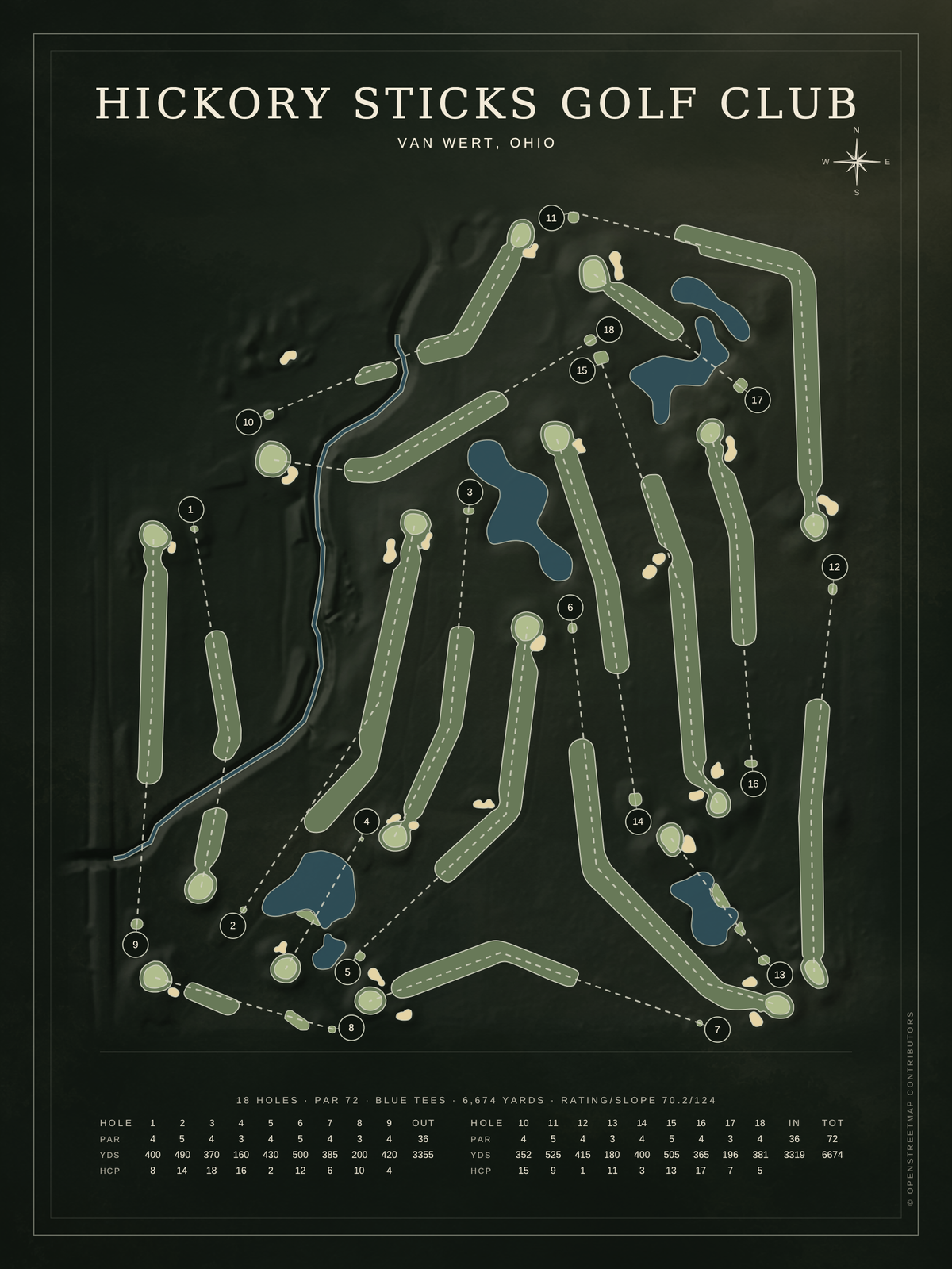 Hickory Sticks Golf Club course map poster, Architectural style, 12×16 / 18×24