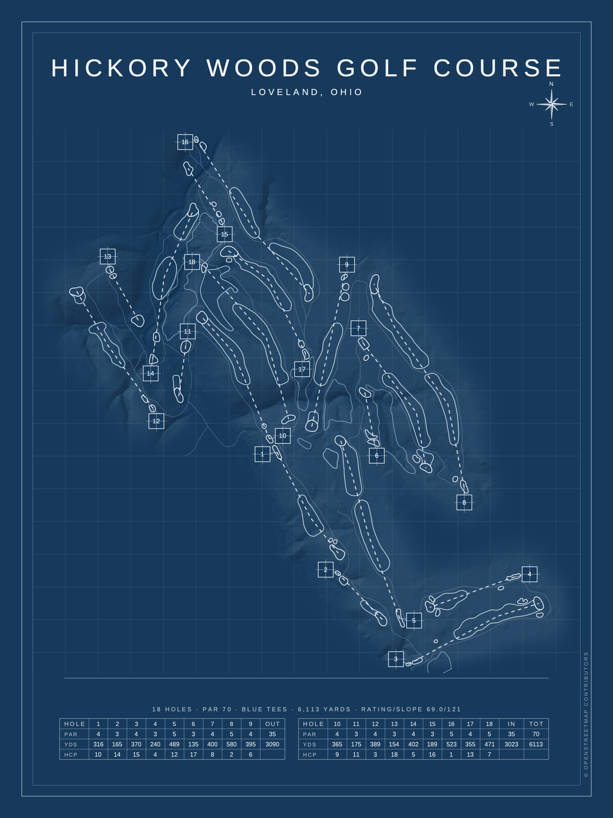 Hickory Woods Golf Course map poster, Blueprint style, 12×16 / 18×24
