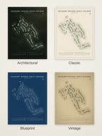 Hickory Woods Golf Course map poster in four styles: Architectural, Classic, Blueprint and Vintage