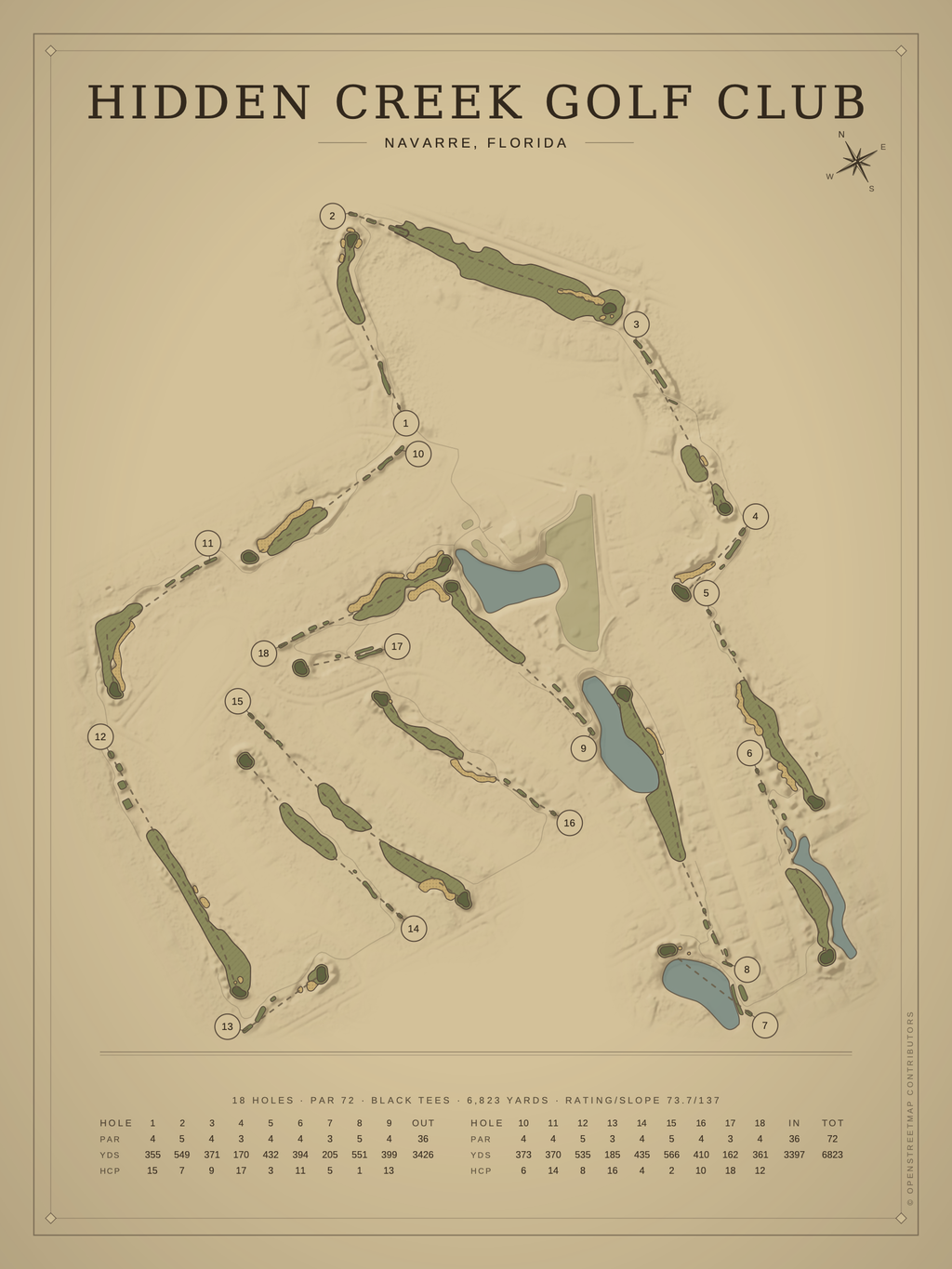 Hidden Creek Golf Club course map poster, Vintage style, 12×16 / 18×24