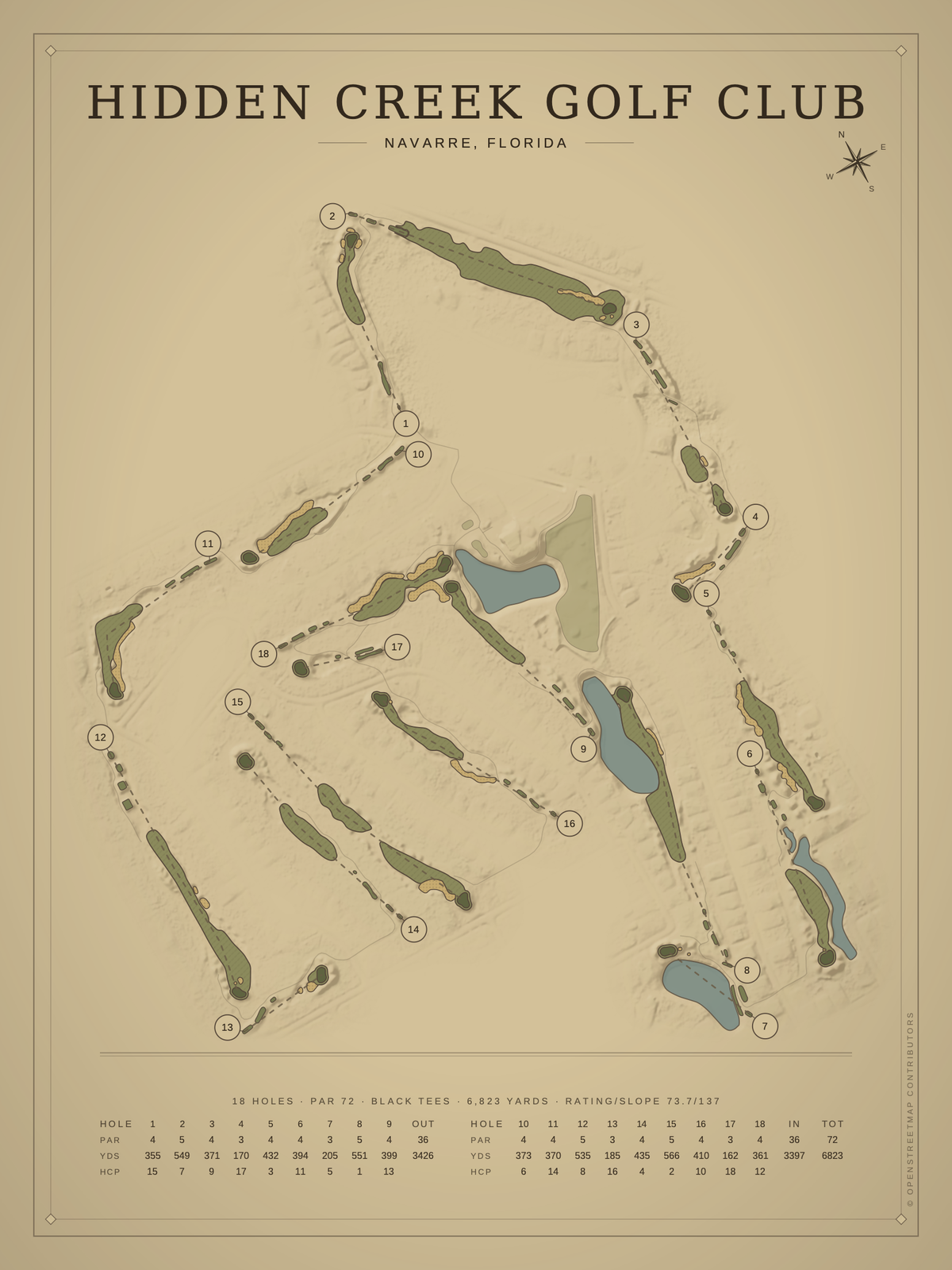 Hidden Creek Golf Club course map poster, Vintage style, 12×16 / 18×24